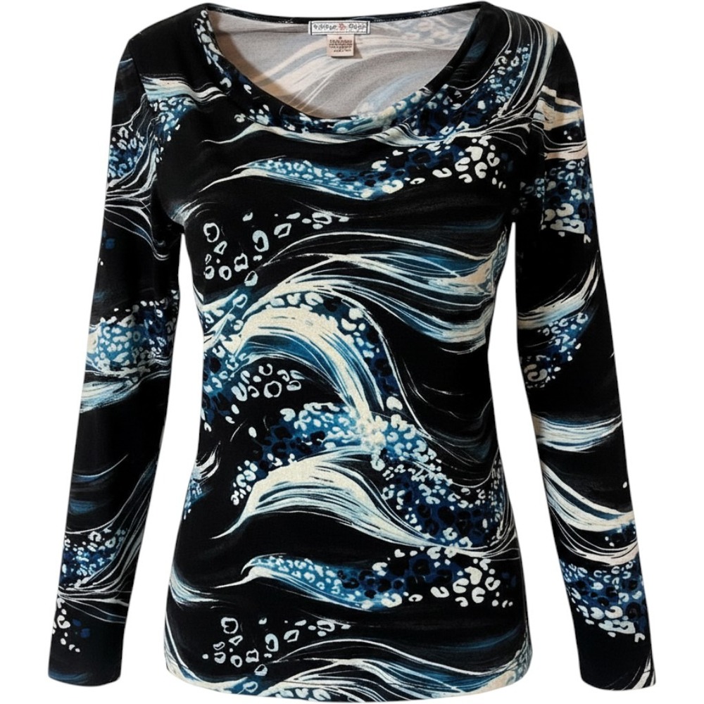 Vintage Suzie Cowl Neck‎ Top Size M Abstract Wave Leopard Print Blue Black